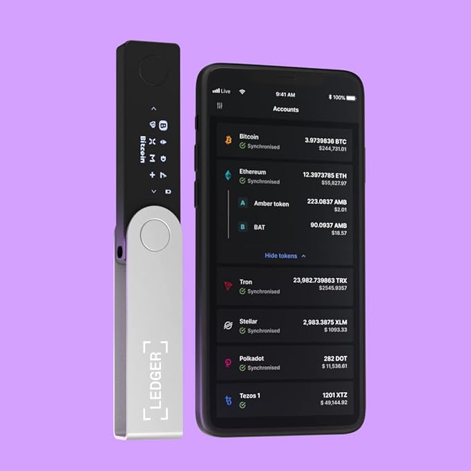 Ledger Nano X Crypto Hardware Wallet and a Mobile Phone on a Light Purple Background.