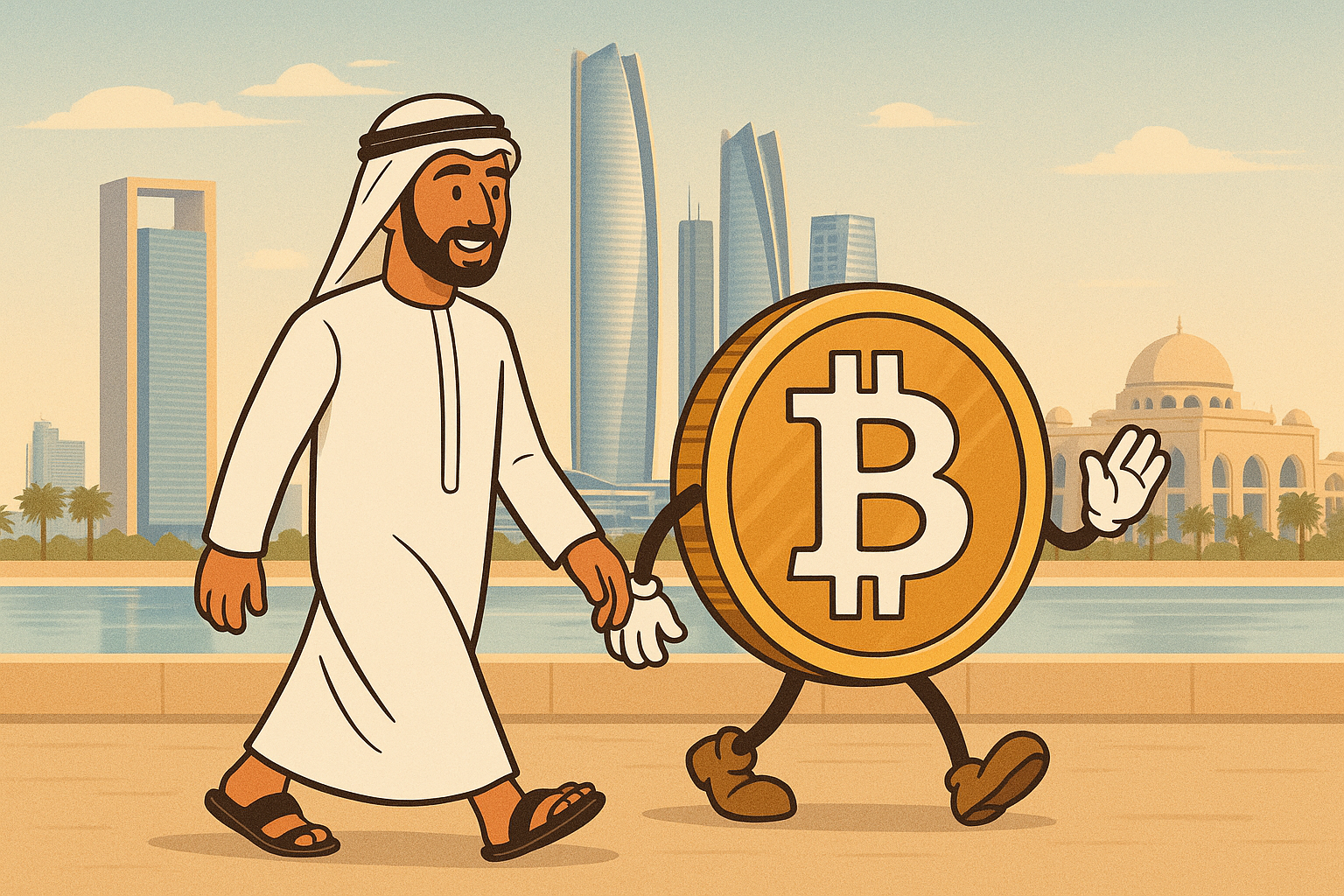 An illustration of a man walking alongside a walking bitcoin in abu dhabi