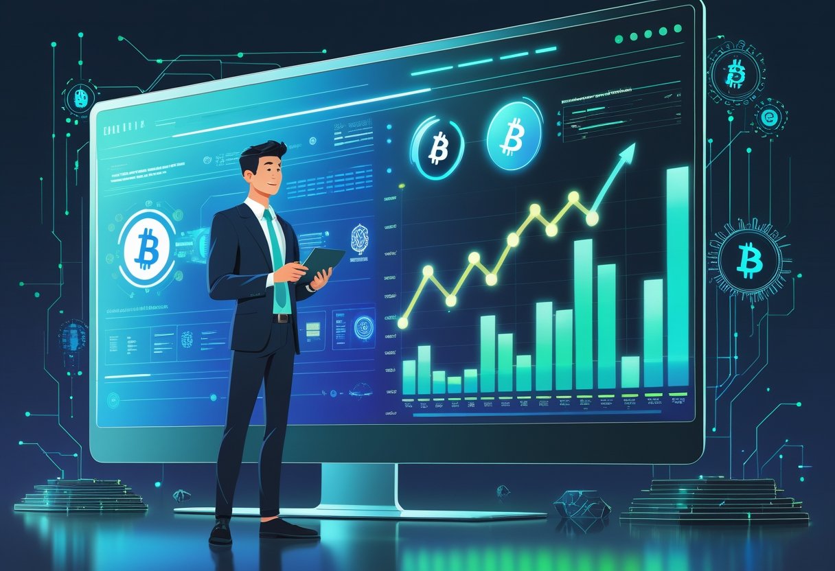A young professional analyzing digital graphs and cryptocurrency icons on a large screen, surrounded by technology and finance symbols.