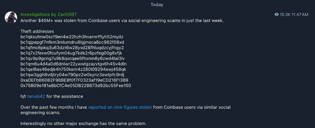 ZachXBT Telegram Post About Coinbase Social Engineering Scams